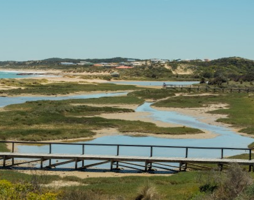 The Irwin River Estuary, taken from Ocean Drive. This boardwalk takes you across the Irwin River to the beach. 